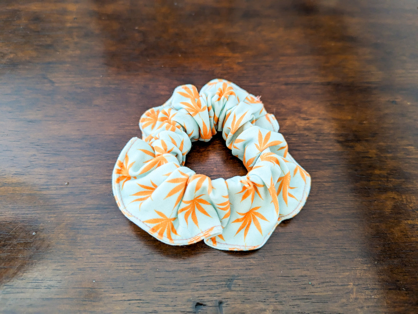 Orange leaf scrunchie, reused fabric, hair accessory, hair bow