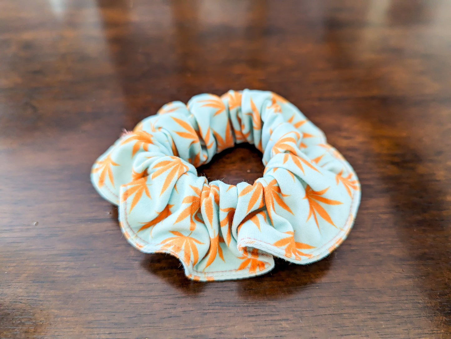 Orange leaf scrunchie, reused fabric, hair accessory, hair bow