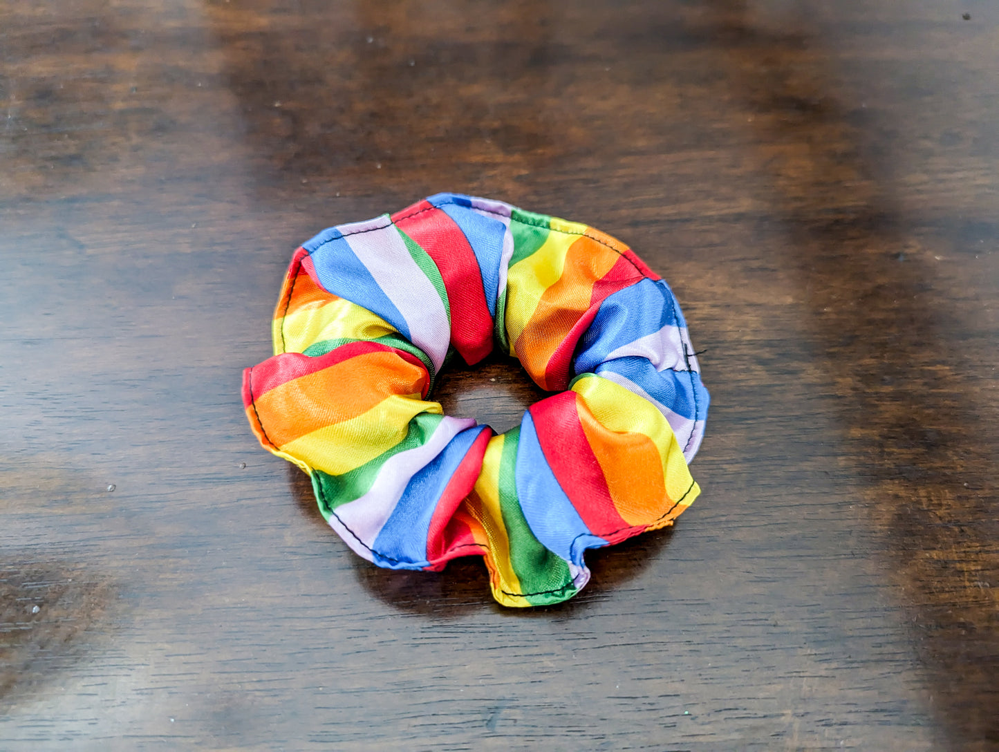 Rainbow satin scrunchie, reused fabric, hair accessory, hair bow